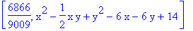 [6866/9009, x^2-1/2*x*y+y^2-6*x-6*y+14]